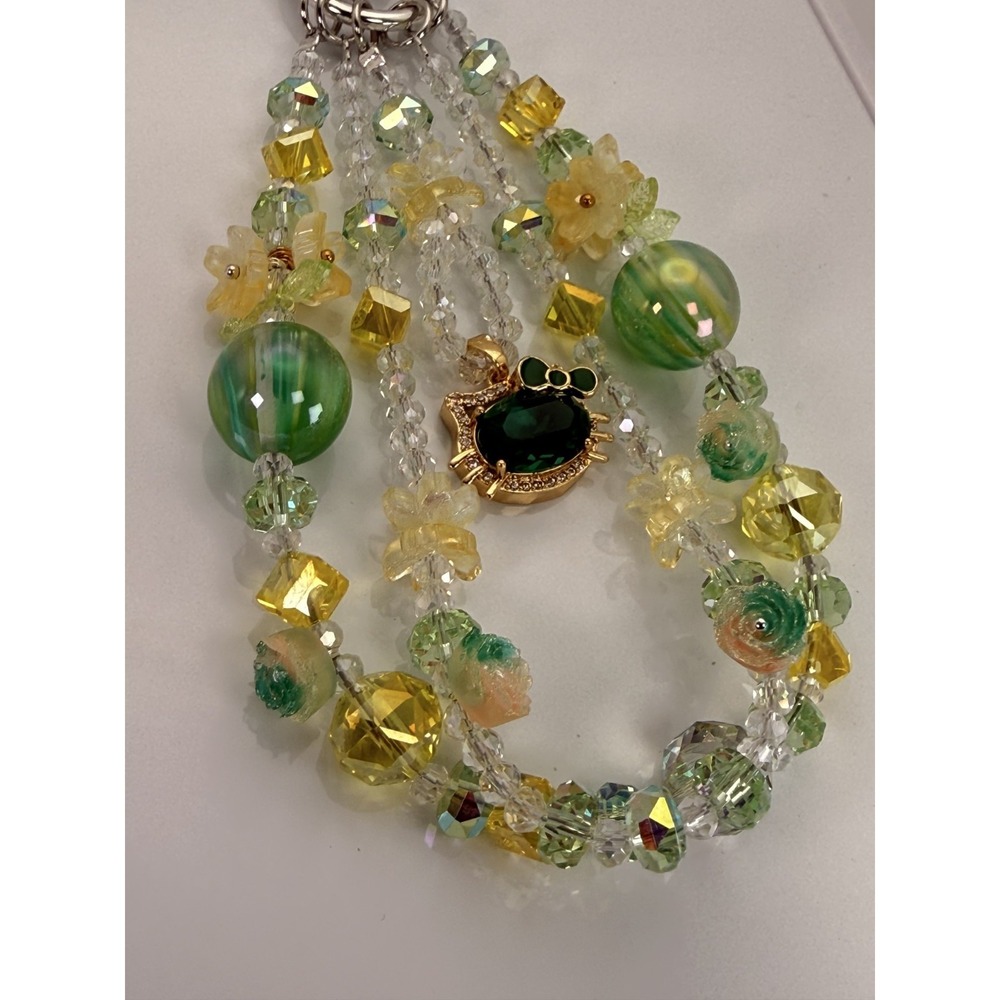 Green Cat Phone Wristlet Charm Beaded Crystal Floral Pearl Purse Bag Keychain - Picture 3 of 3